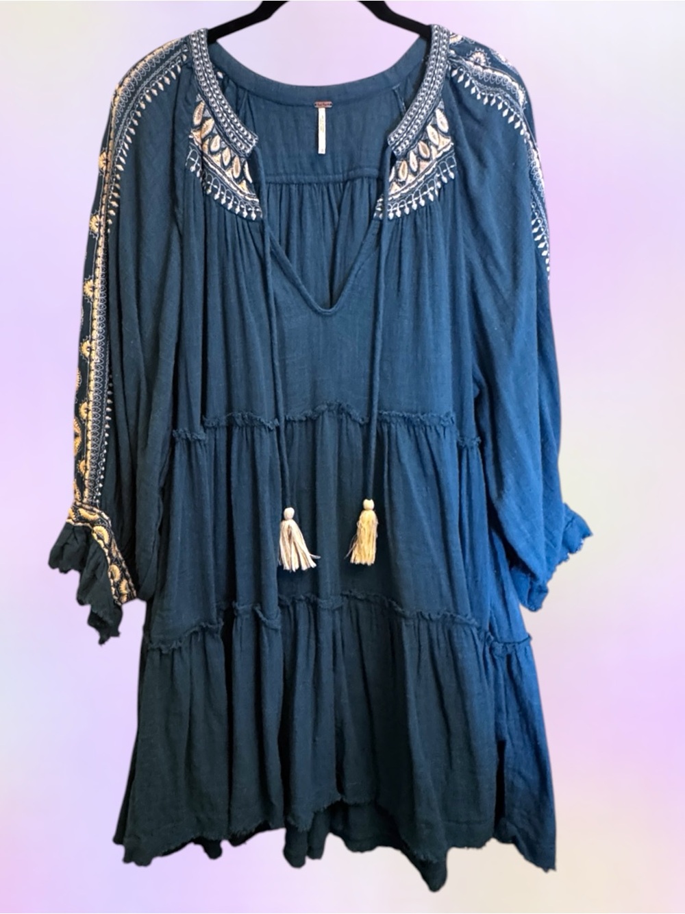 Free People Teal Dreamweaver Embroidered Flowy Tunic Top / Dress - Sz Large EUC - Picture 4 of 11